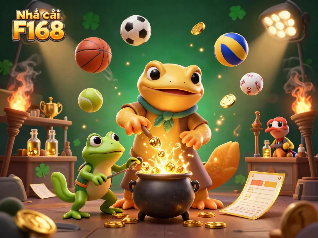 Experience the vibrant energy of Nhà cái F168 with a dynamic 3D illustration of a magical alchemist's lab filled with sports elements and golden treasures.