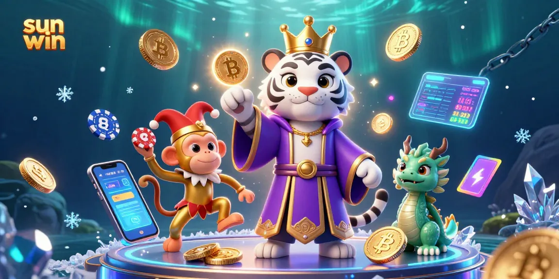 Experience thrilling gameplay at sun win with a dynamic illustration showcasing iconic casino symbols and characters.