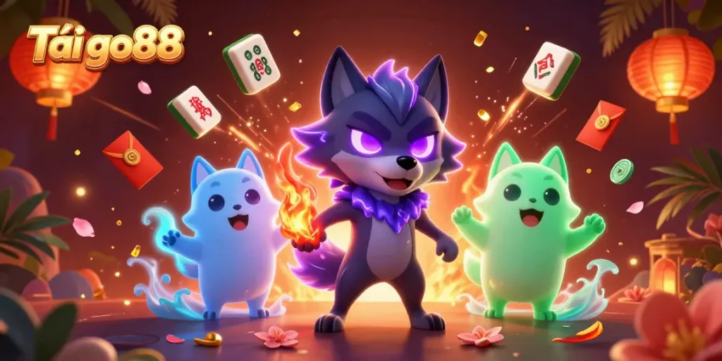 Engage in thrilling gaming action with Tải go88, featuring illuminated wolf characters and casino elements.