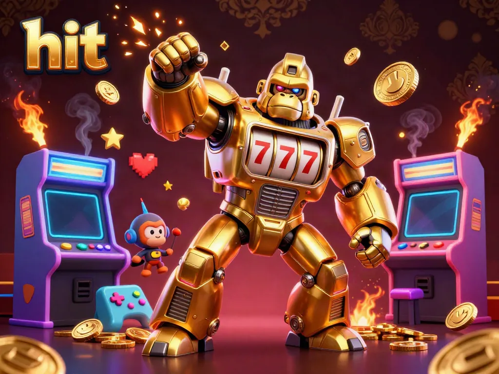 Hit-themed casino illustration showcasing a dynamic golden gorilla mech with slot machine parts.