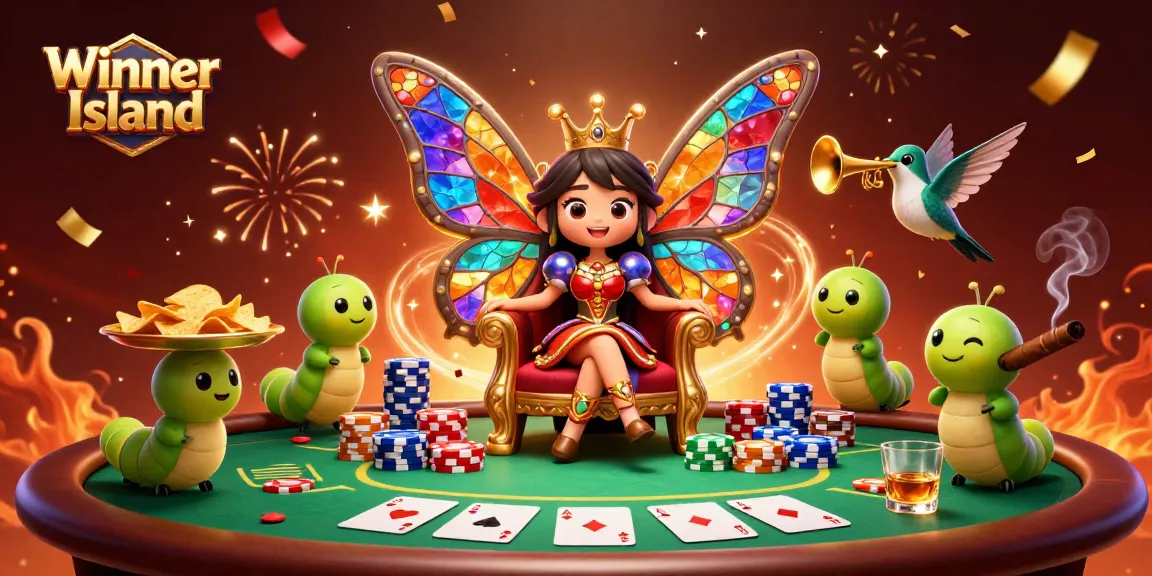 Experience Winner Island's vibrant casino atmosphere with a butterfly queen and poker action.