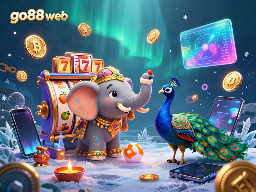Experience the dynamic energy of go88 web with a vibrant casino scene showcasing an ornate Diwali-themed elephant and peacock, surrounded by exciting gaming elements.
