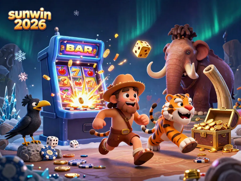 Exciting scene of sunwin 2026 featuring engaging 3D cartoon caveman and sabertooth tiger at a vibrant casino setting.