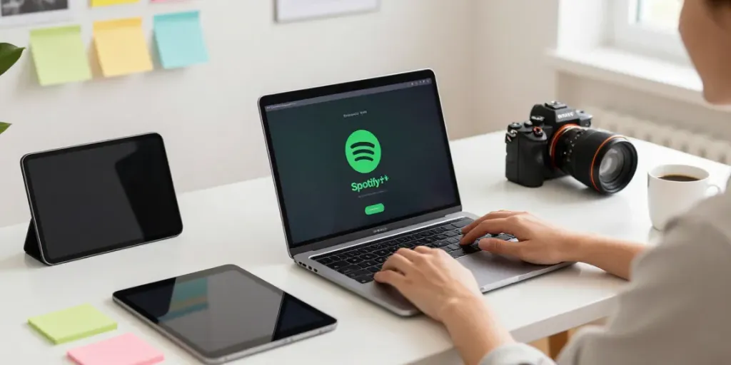 iOS user engaging with spotify mod ios on laptop and iPad in a cozy workspace
