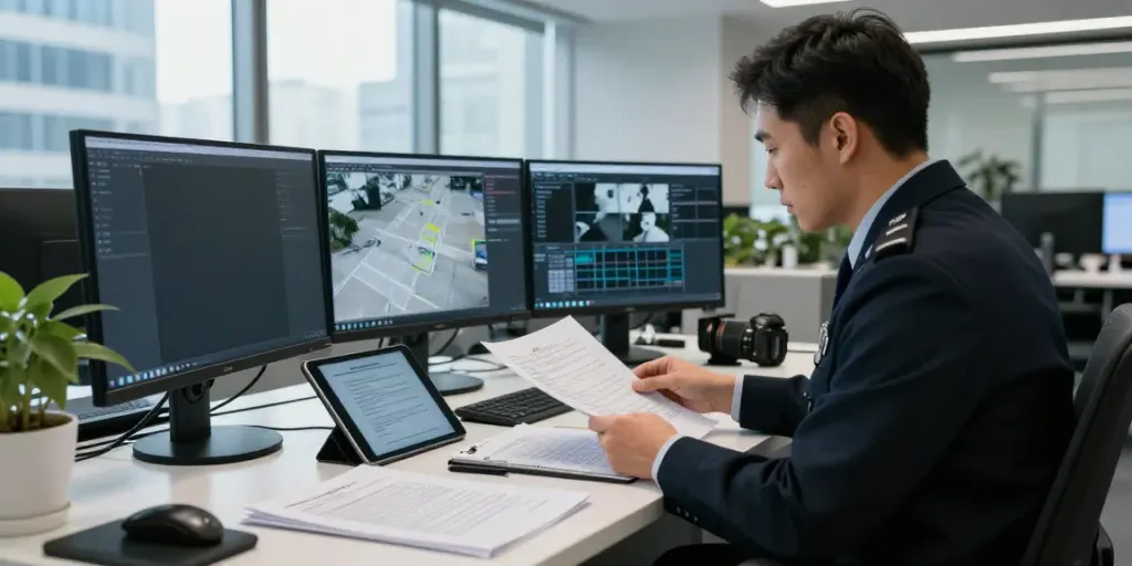 Investigator at www.goodtam.com analyzing case files in an office.