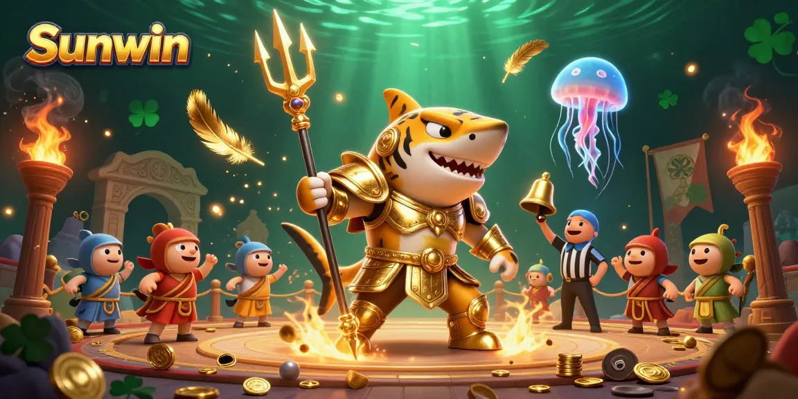 Experience thrilling gameplay at Sunwin with a dynamic underwater scene featuring tiger shark gladiators.