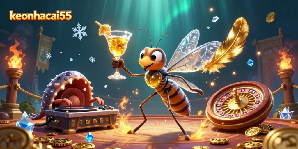 Bet on keonhacai55 with unique casino characters and vibrant gambling elements in a dynamic scene.